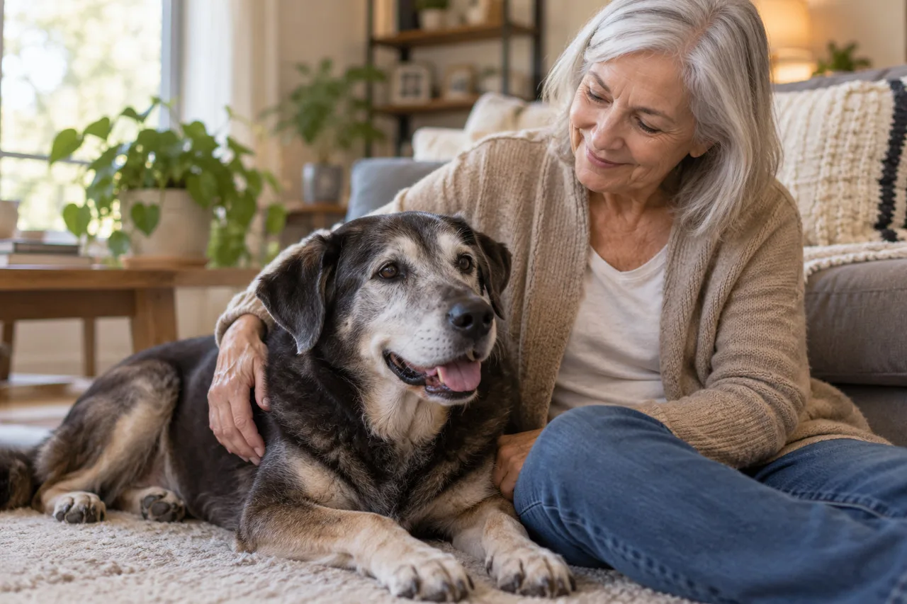 Owner sitting beside a resting dog indoors